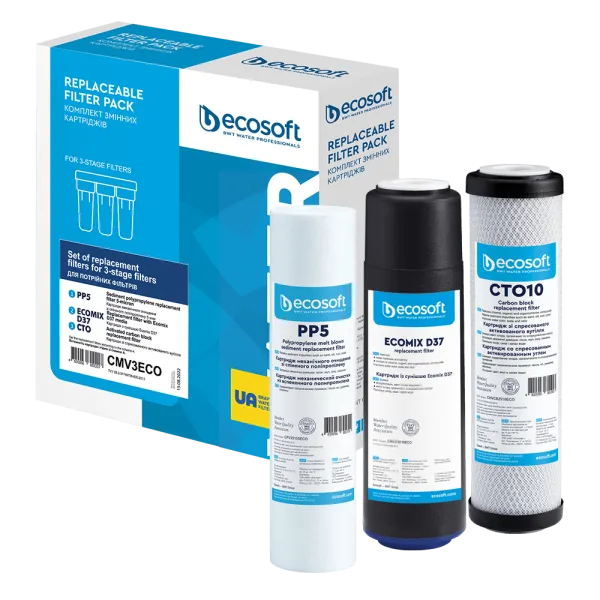 Ecosoft CMV3ECO Ersatzfilter-Set für 3-stufige Umkehrosmosefilter – 5 µm Sediment, GAC & CTO