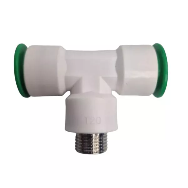 T-Verbindungsstück mit 2x 1/2 Zoll QC Steckanschluss und 1/2 Zoll Aussengewinde T-Verbindungsstück mit 2x 1/2 Zoll QC Steckanschluss und 1/2 Zoll Aussengewinde